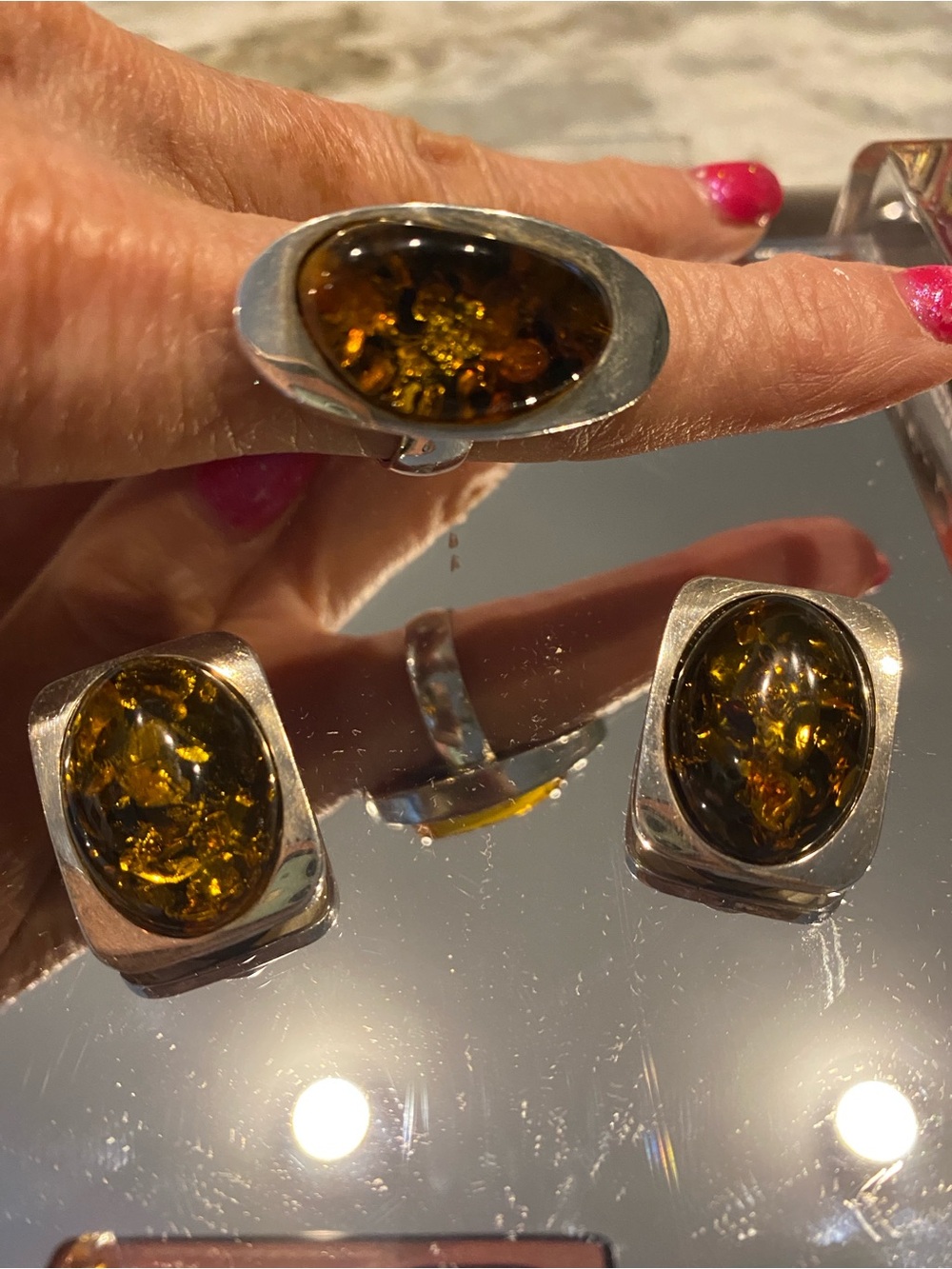 Sterling Silver 925 Amber Oval Ring - Honey Amber and matching earrings.